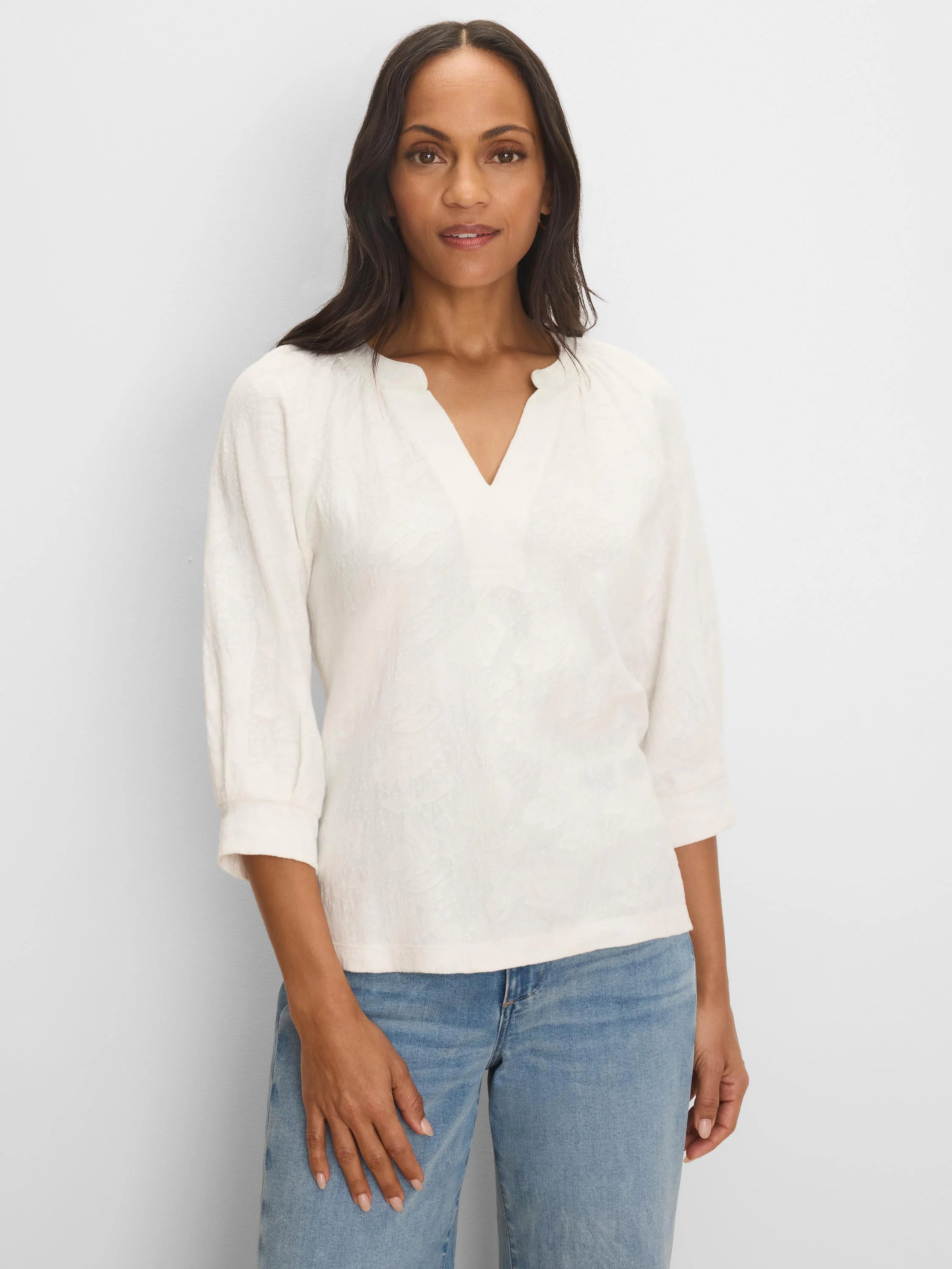 Off-white top with subtle lace knit texture, split V-neck, and 3/4 sleeves.