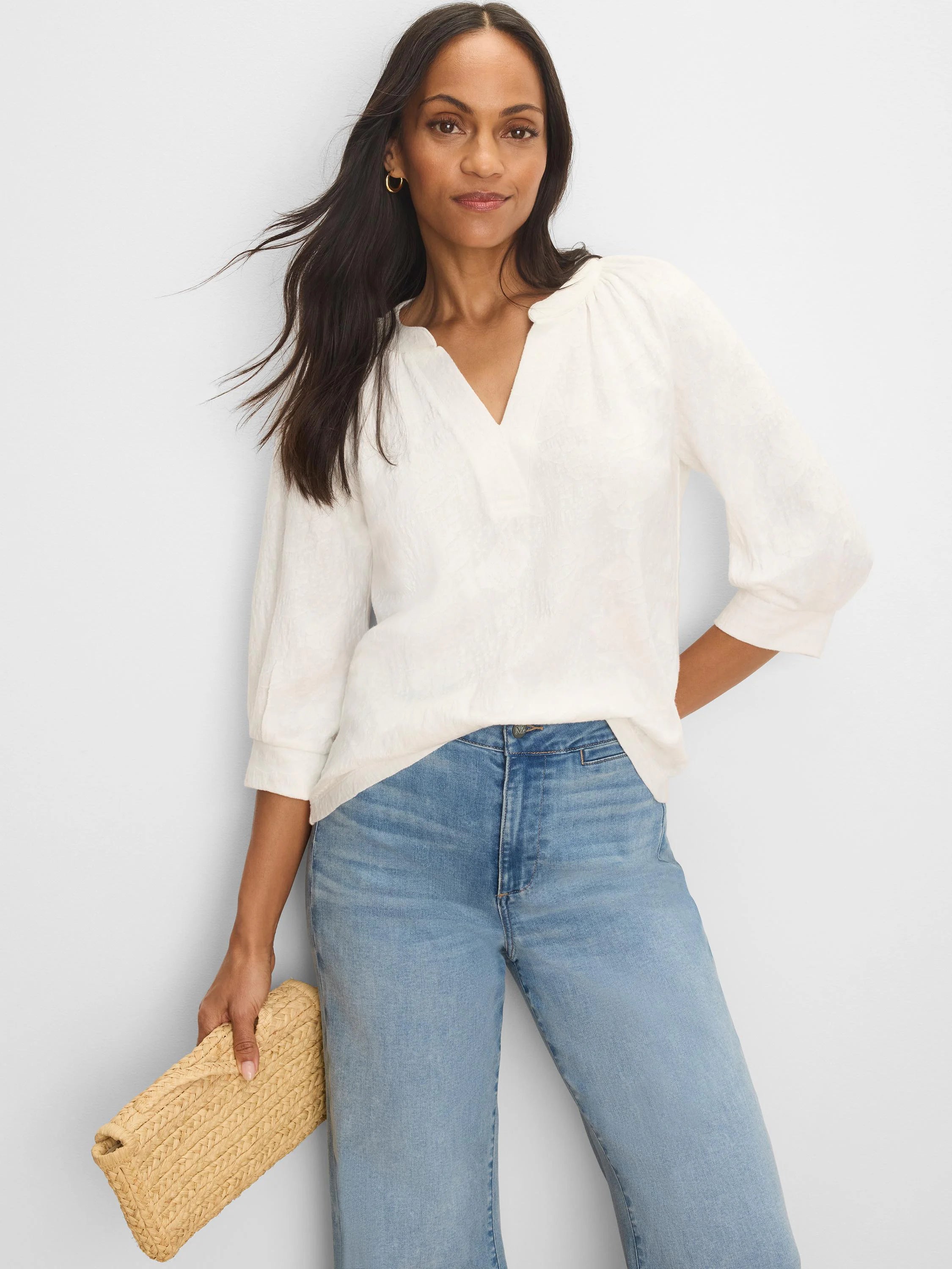 Cream lace-knit top with subtle texture, split V-neck, and 3/4 length gathered sleeves.