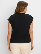 Black lace knit cap sleeve tee with subtle pattern and small shoulder loops.