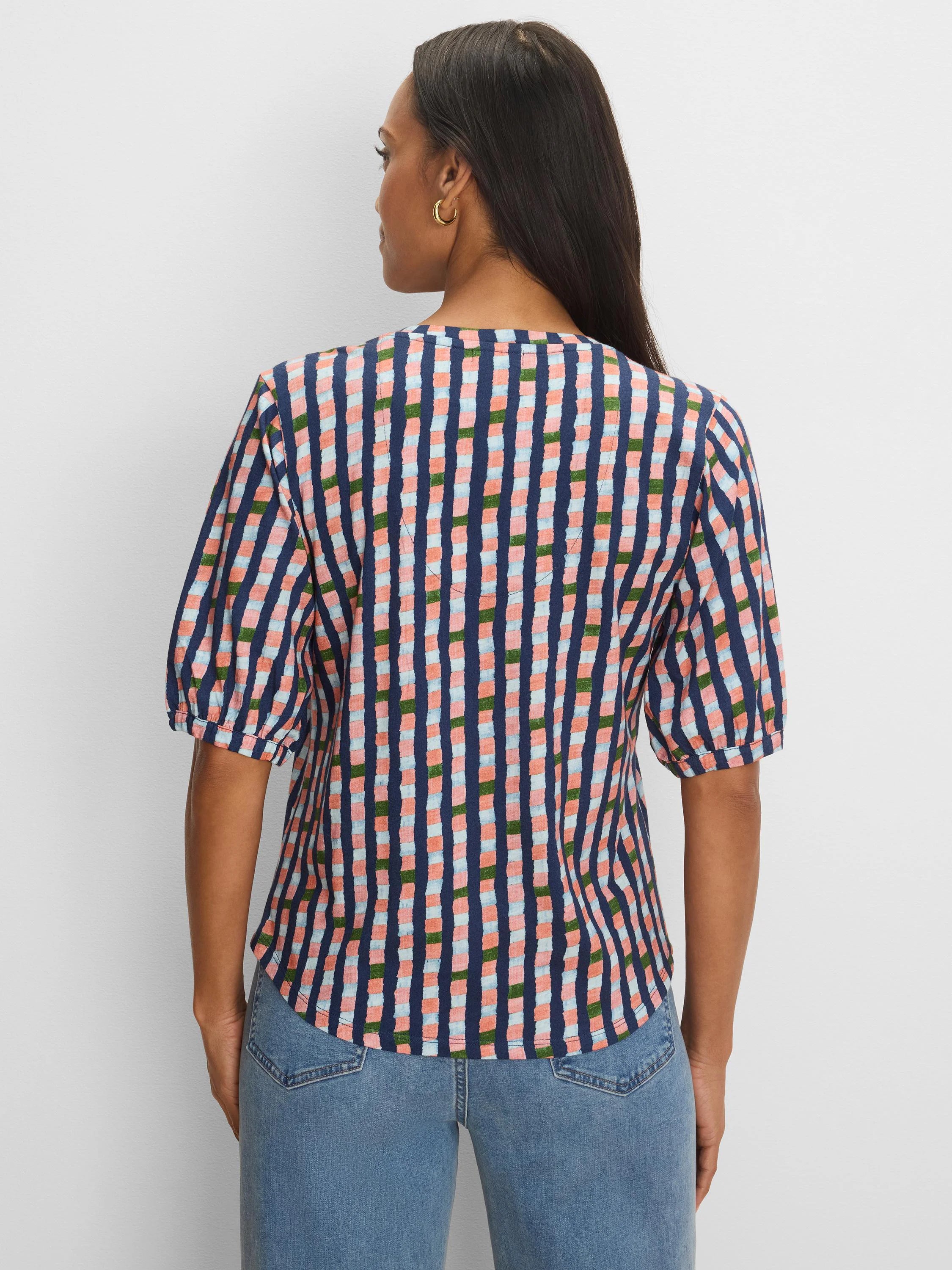 Navy, peach, light blue, green reef stripe V-neck tee with elbow-length sleeves.
