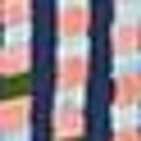 Navy vertical stripes over pixelated blocks of peach, white, and faint teal. Woven texture.