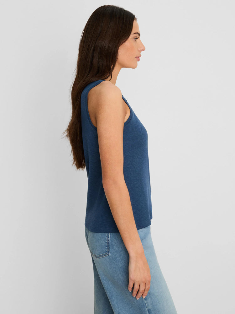 Deep blue slub knit tank top with a subtle ruffle neckline.