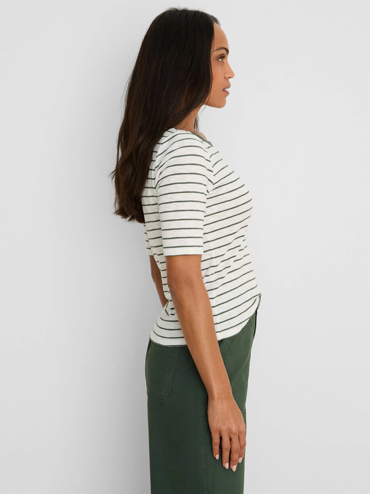 Off-white elbow-sleeve tee with horizontal dark green stripes and a notch neckline.