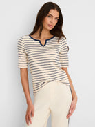 Cream & navy striped elbow sleeve tee with notch neckline.