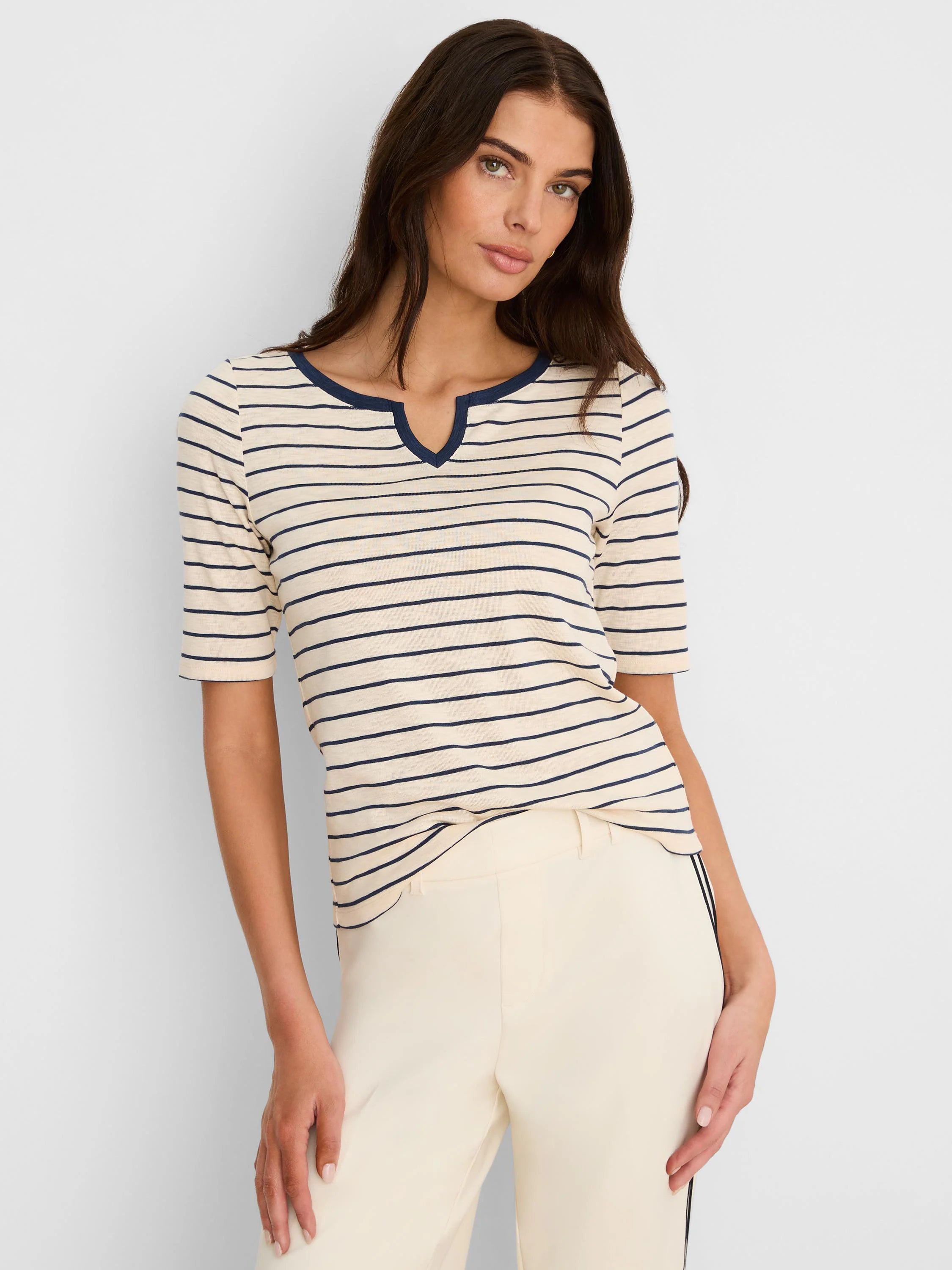 Cream & navy striped elbow sleeve tee with notch neckline.