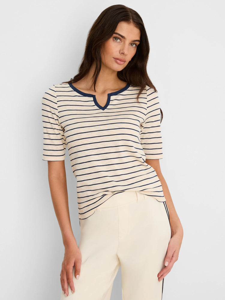 Cream & navy striped elbow sleeve tee with notch neckline.