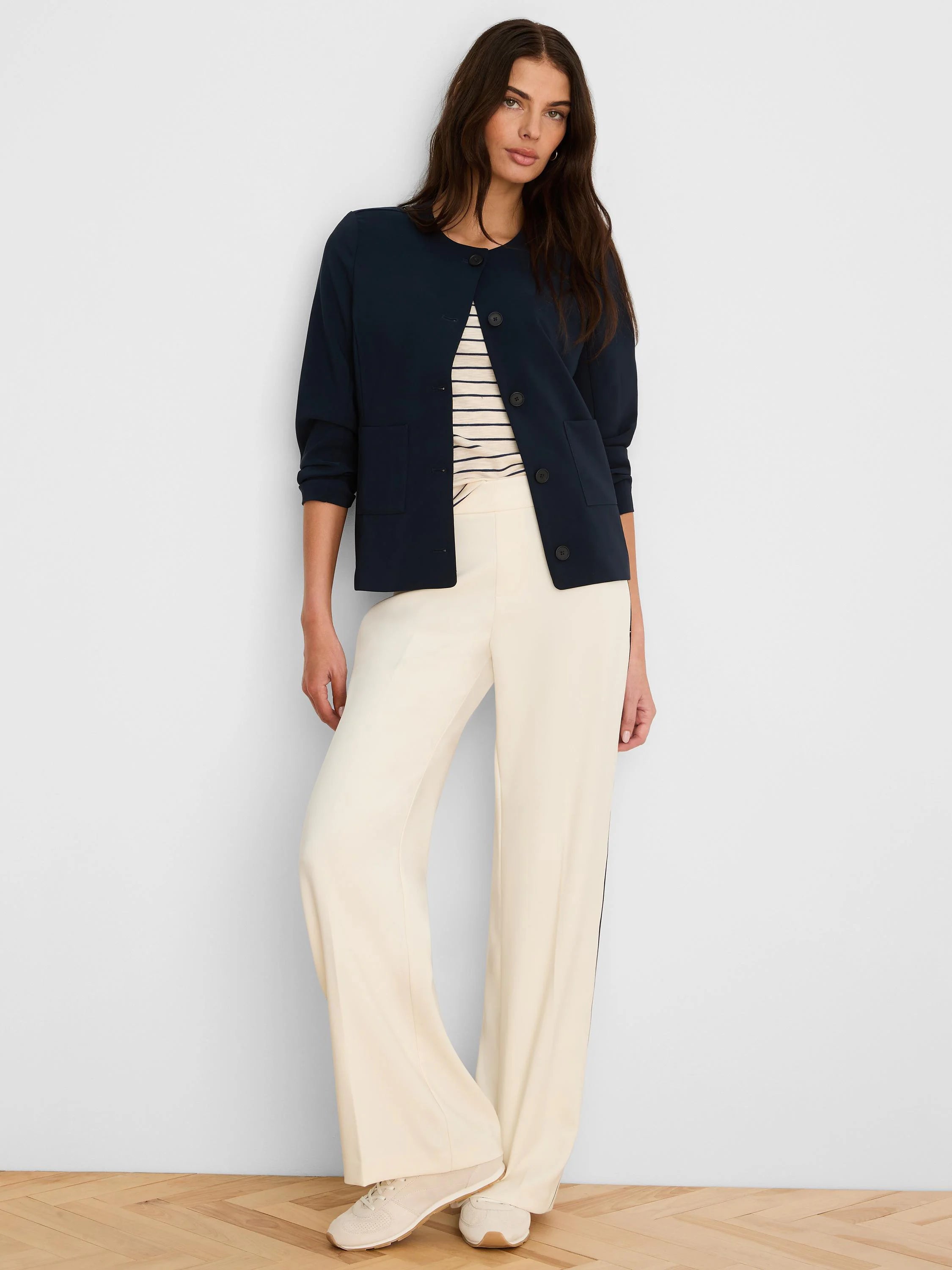 Cream elbow sleeve tee with thin navy stripes and a notch neckline.