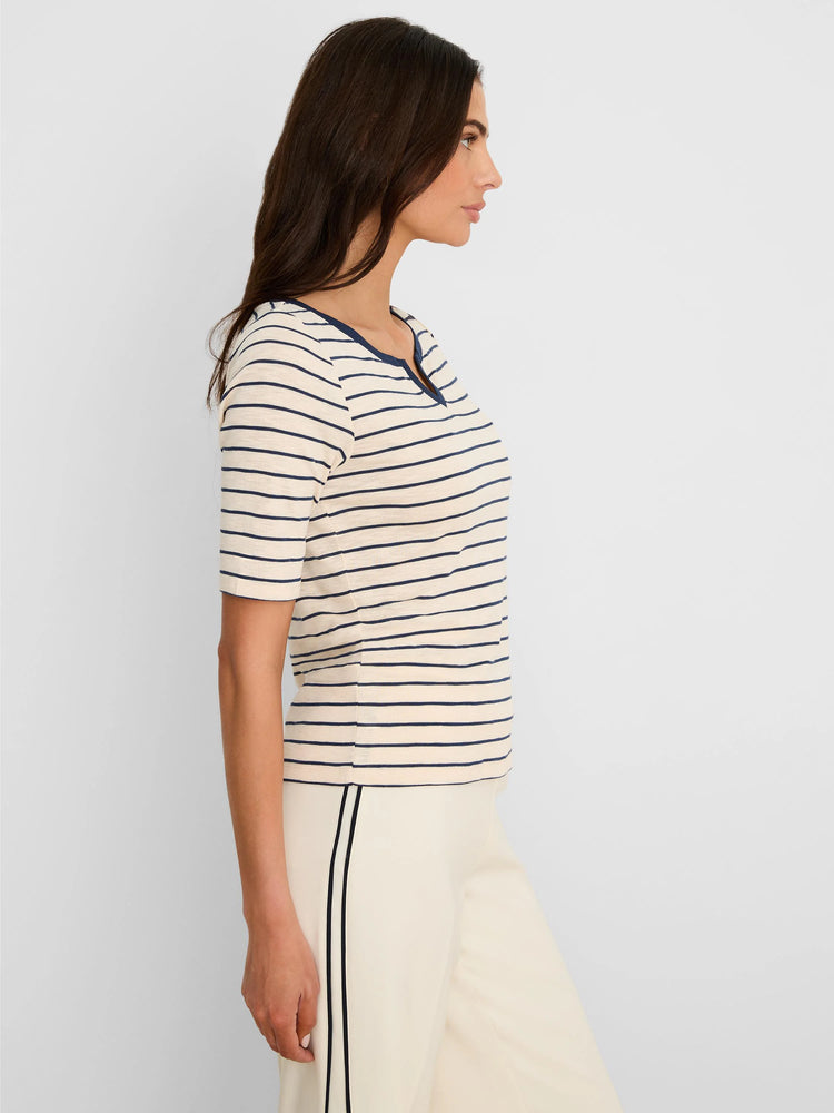 Cream & navy striped elbow-sleeve tee with a notched V-neck.