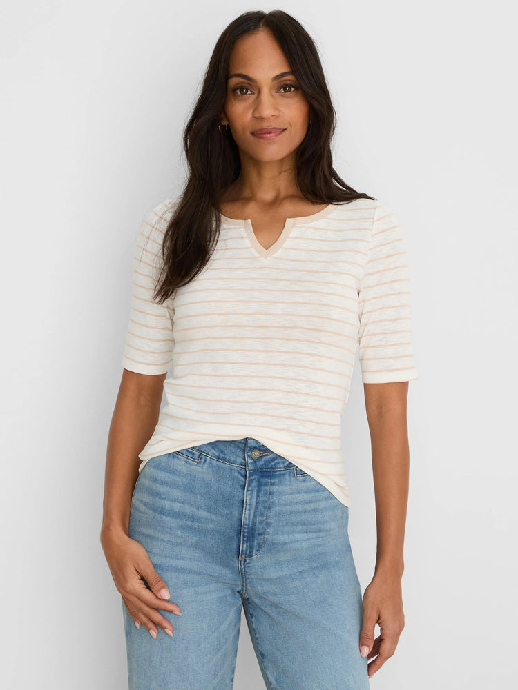 Off-white elbow sleeve tee with light beige horizontal stripes and a notched V-neck.