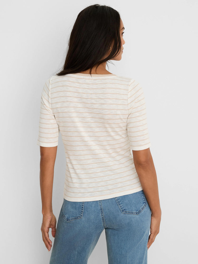 Cream tee with thin tan horizontal stripes and elbow sleeves.