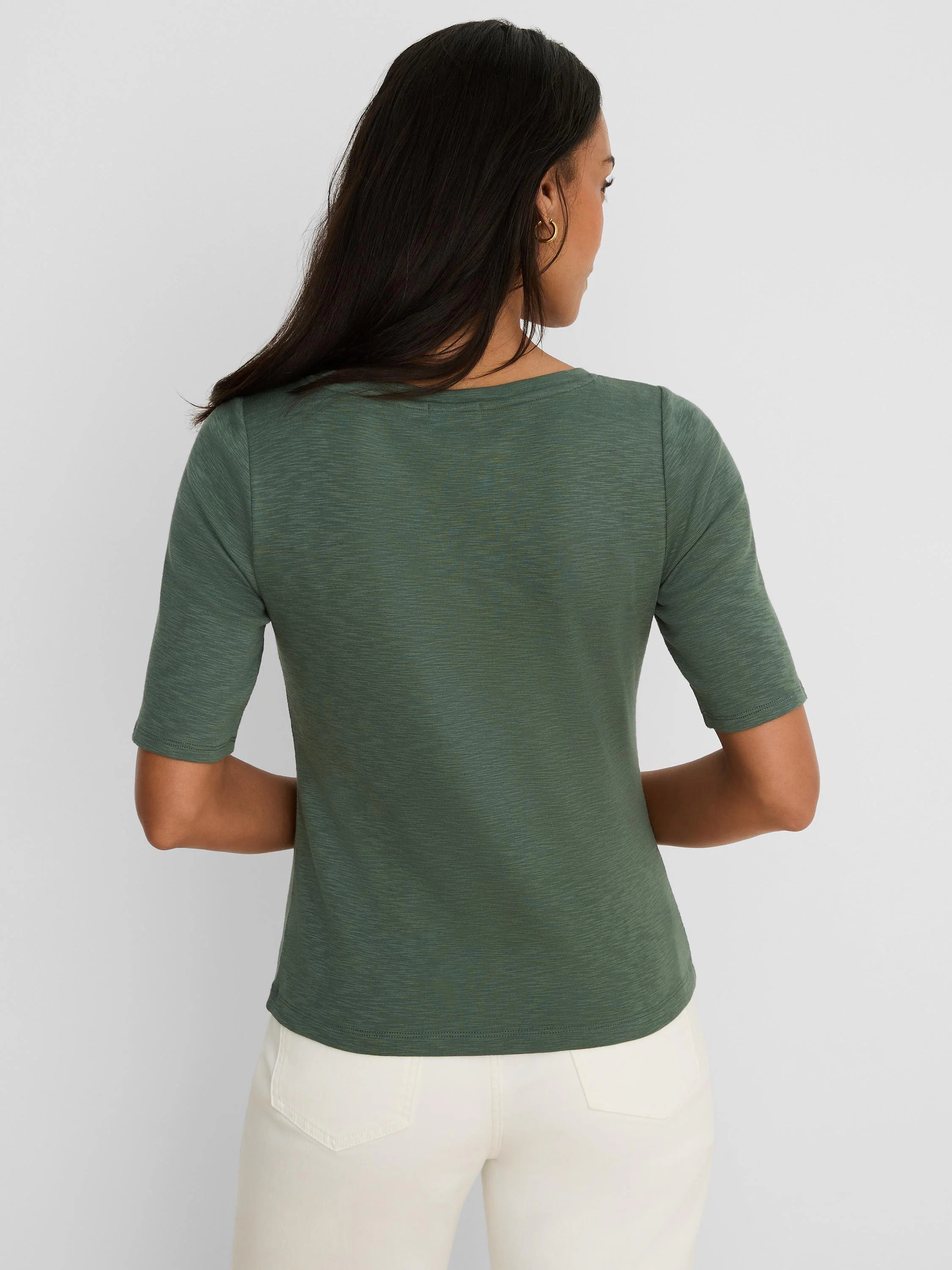 Dark green, heathered elbow-sleeve tee, fitted.