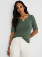 Olive green elbow-sleeve tee with a notched neckline and subtle textured fabric.