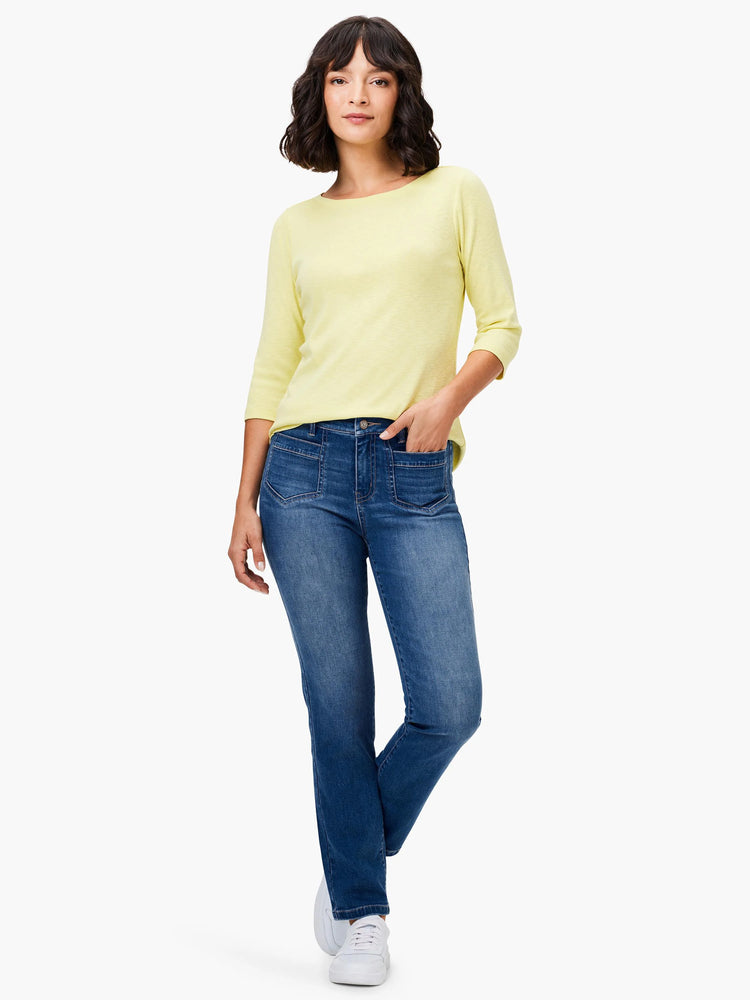 Light yellow 3/4 sleeve boat neck tee with subtle knit texture.