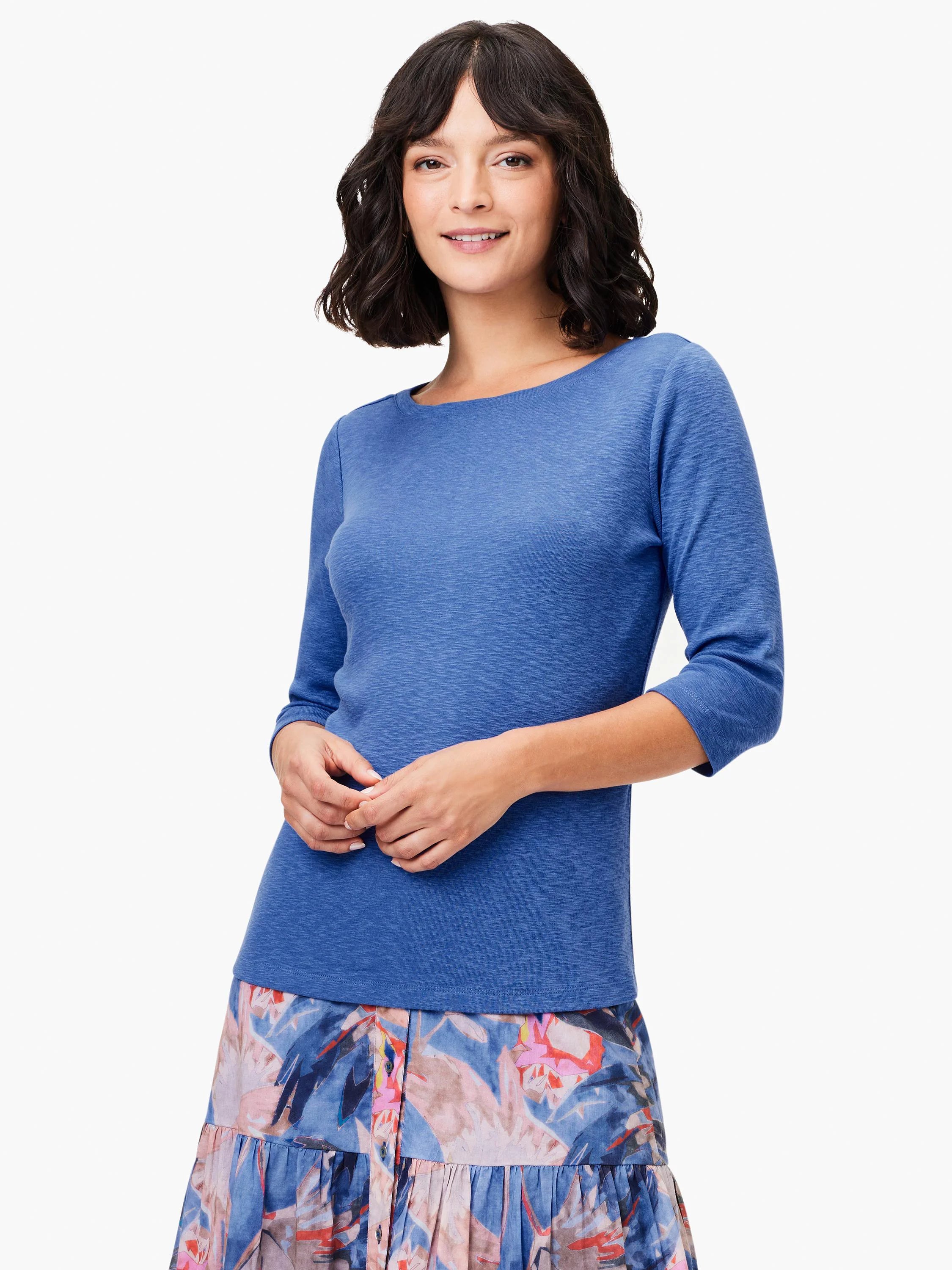 Blue 3/4 sleeve boat neck tee with a subtle heathered texture.