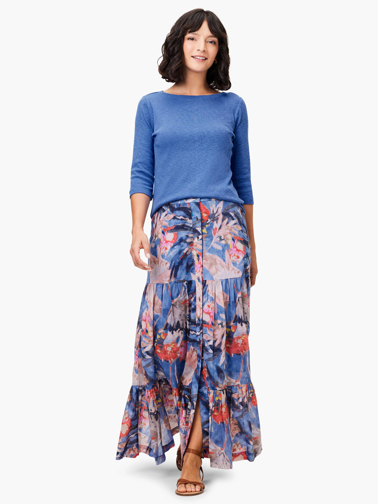 Blue 3/4 sleeve boat neck tee with a slub texture.