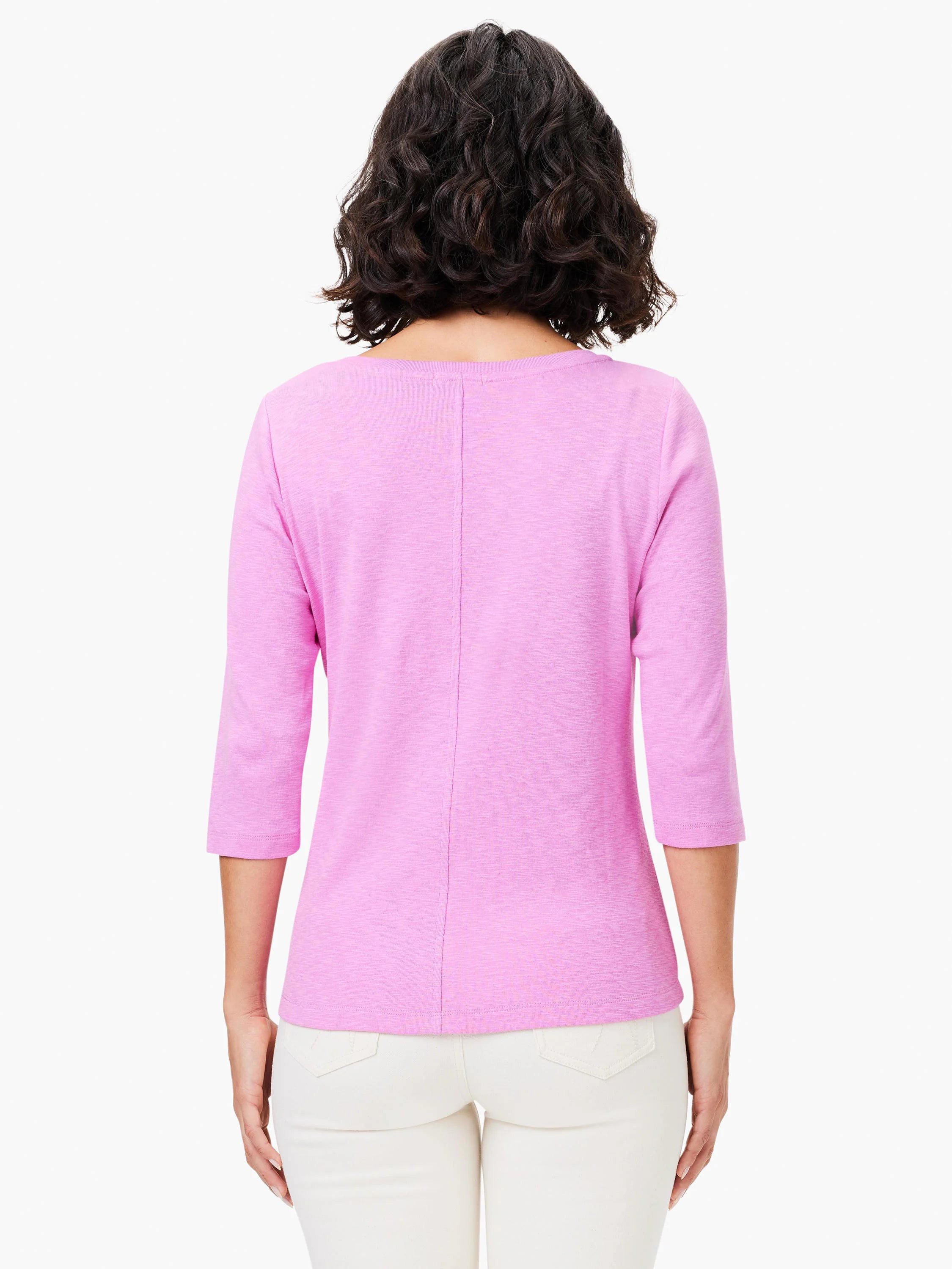Pink heathered 3/4 sleeve boat tee, viewed from back on model, with a vertical center seam.