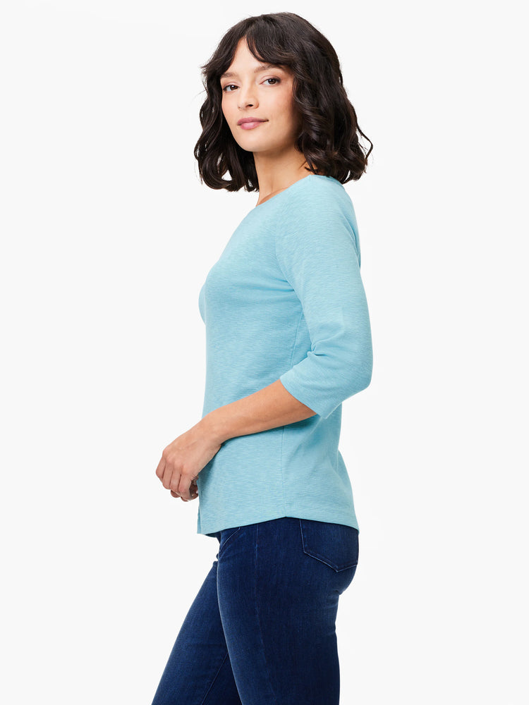 Light blue 3/4 sleeve boat neck tee with a subtle heathered knit texture.