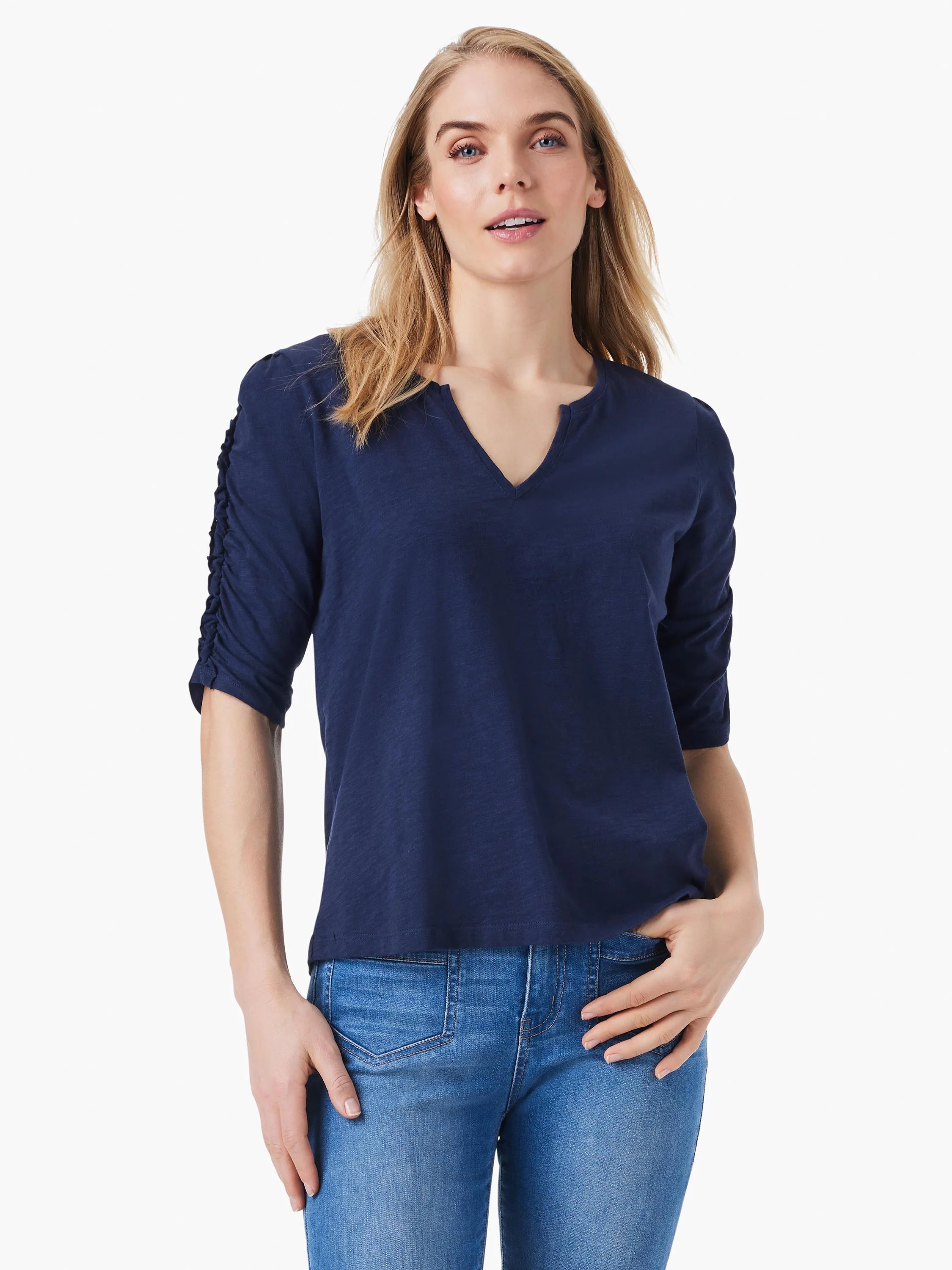 Navy blue, elbow-length ruched sleeves, split V-neck.
