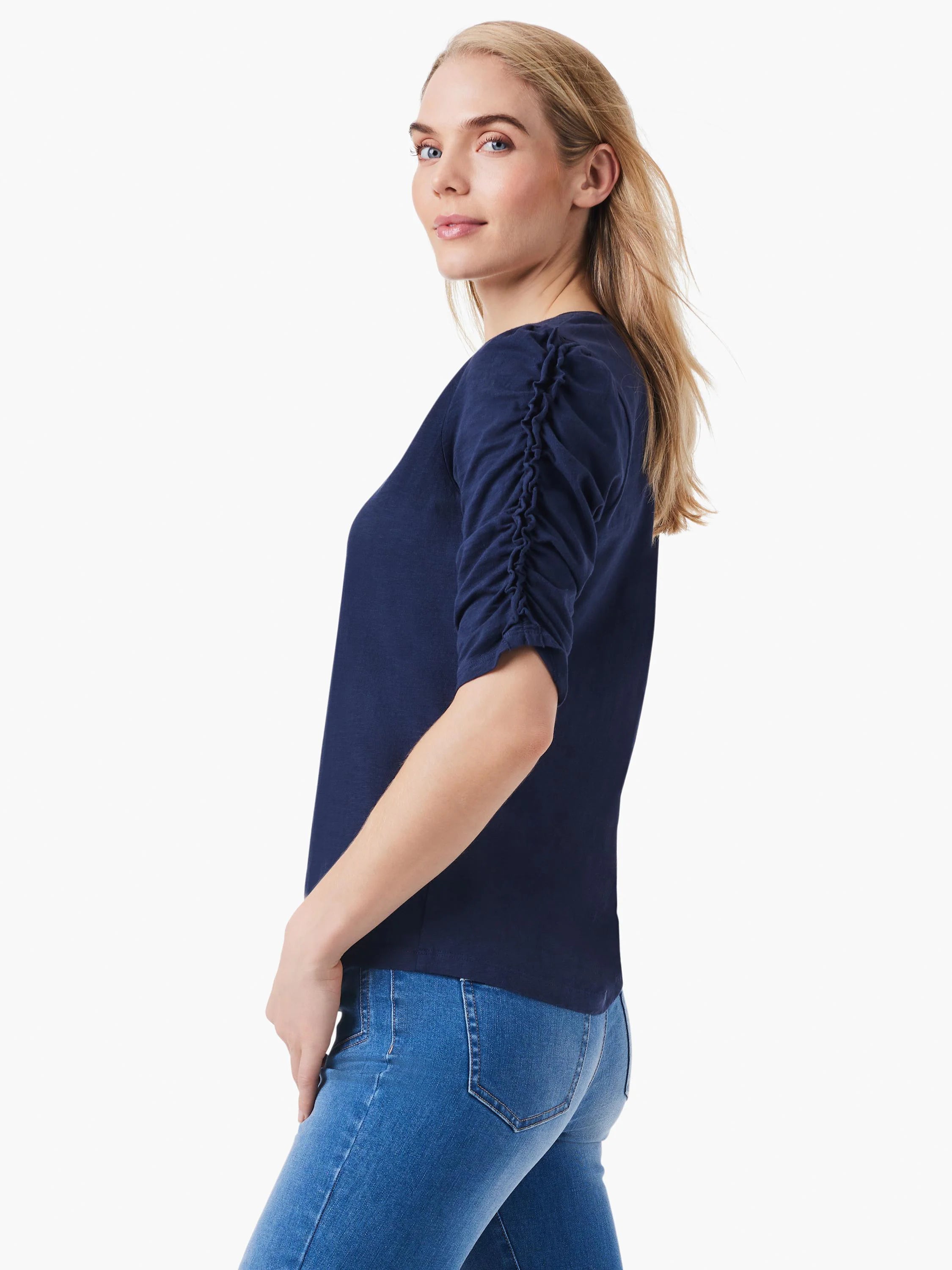 Navy blue, elbow-length top with ruched sleeves and a split neckline.  Three-quarter sleeves.