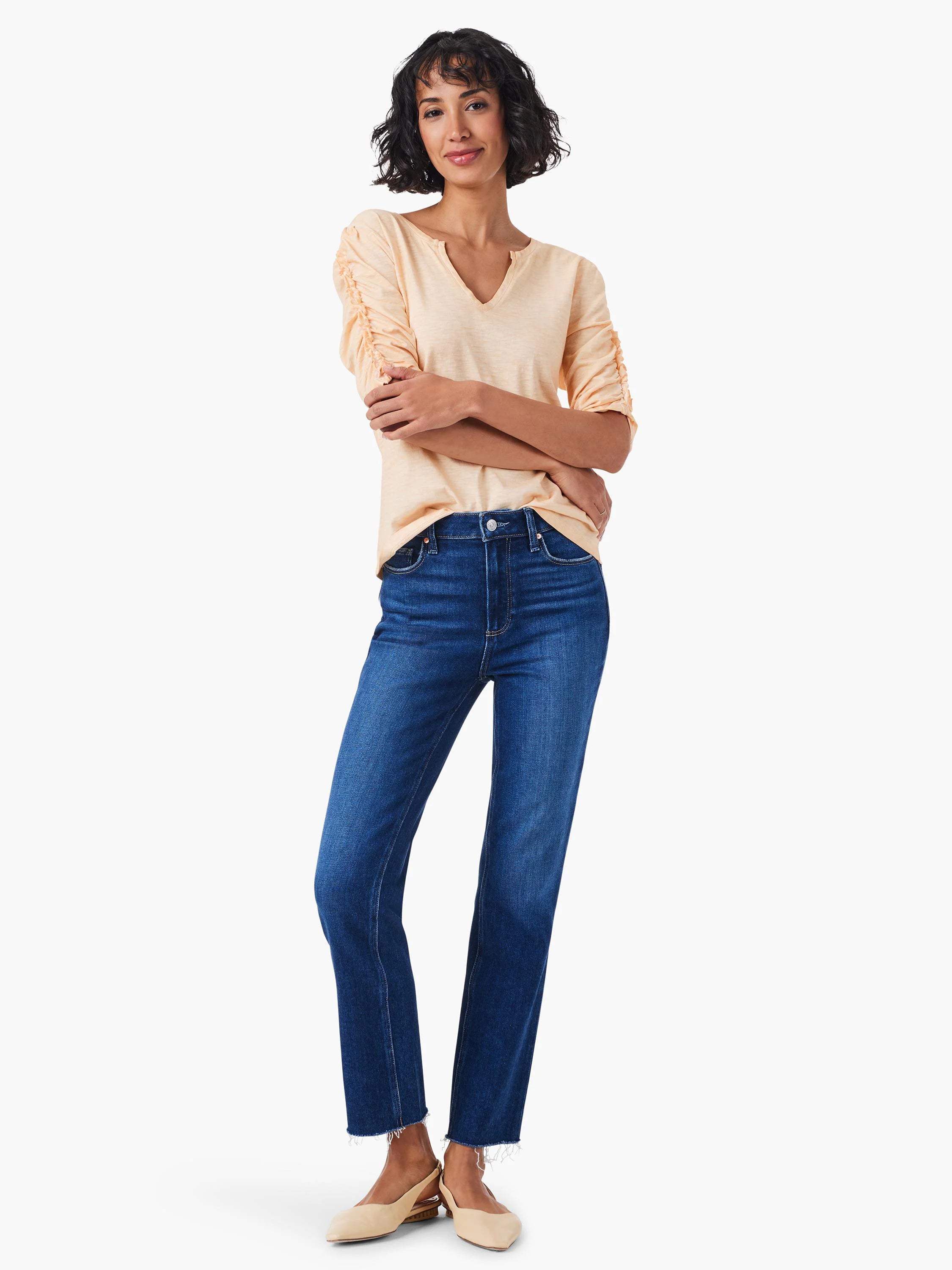 Pale yellow, ruched elbow-length sleeves, split neckline 3/4 sleeve top.