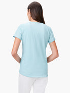 Light blue short-sleeve crew tee with a curved shirt tail hem, shown from the back.