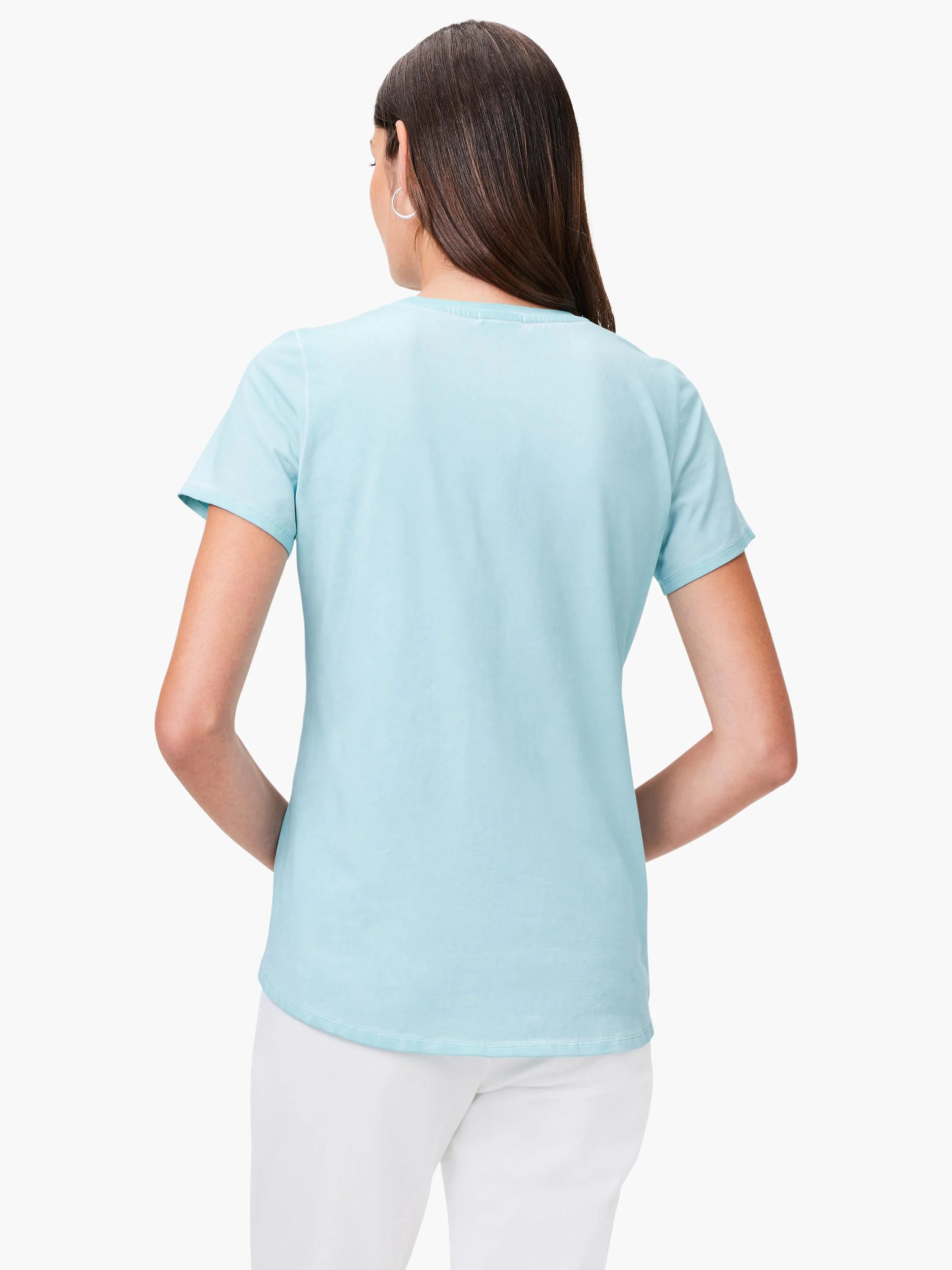 Light blue short-sleeve crew tee with a curved shirt tail hem, shown from the back.