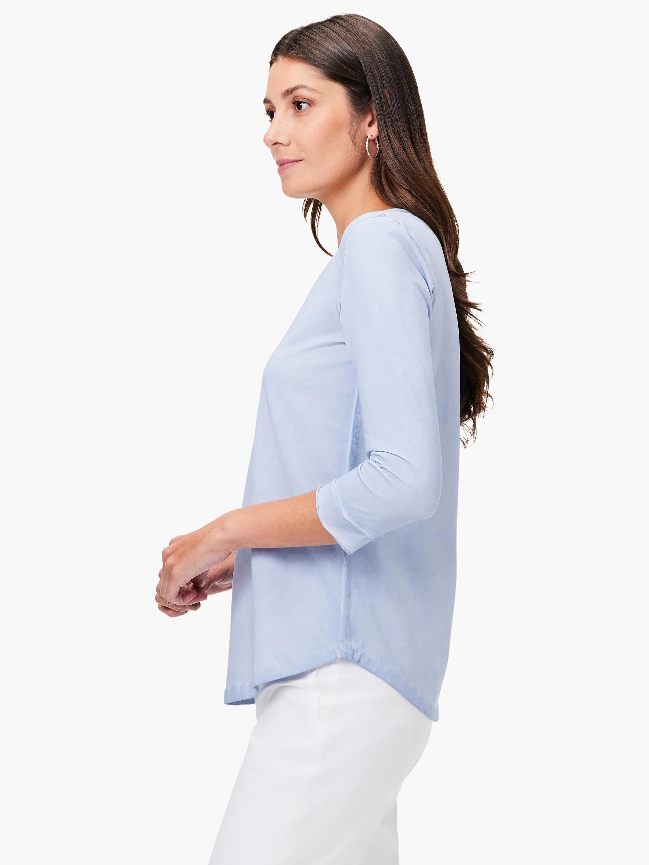 Light blue 3/4 sleeve V-neck tee with rolled cuffs and a curved hem.