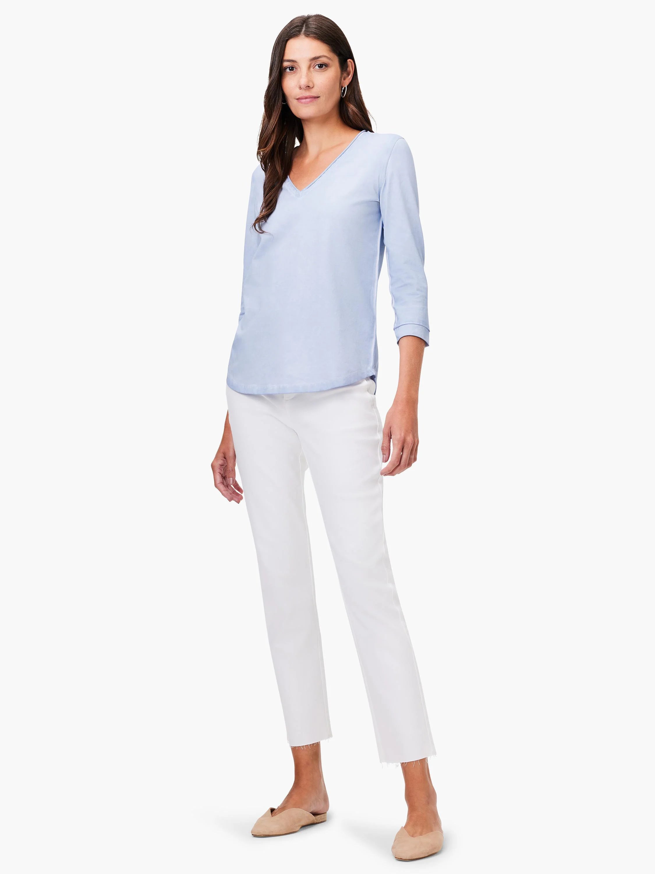 Light blue V-neck tee with 3/4 length sleeves, featuring visible rolled cuffs.