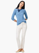 Boat neck, 3/4 sleeve tee with horizontal stripes in light and dark blue.