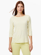 Yellow & white horizontally striped boat neck tee with 3/4 sleeves.