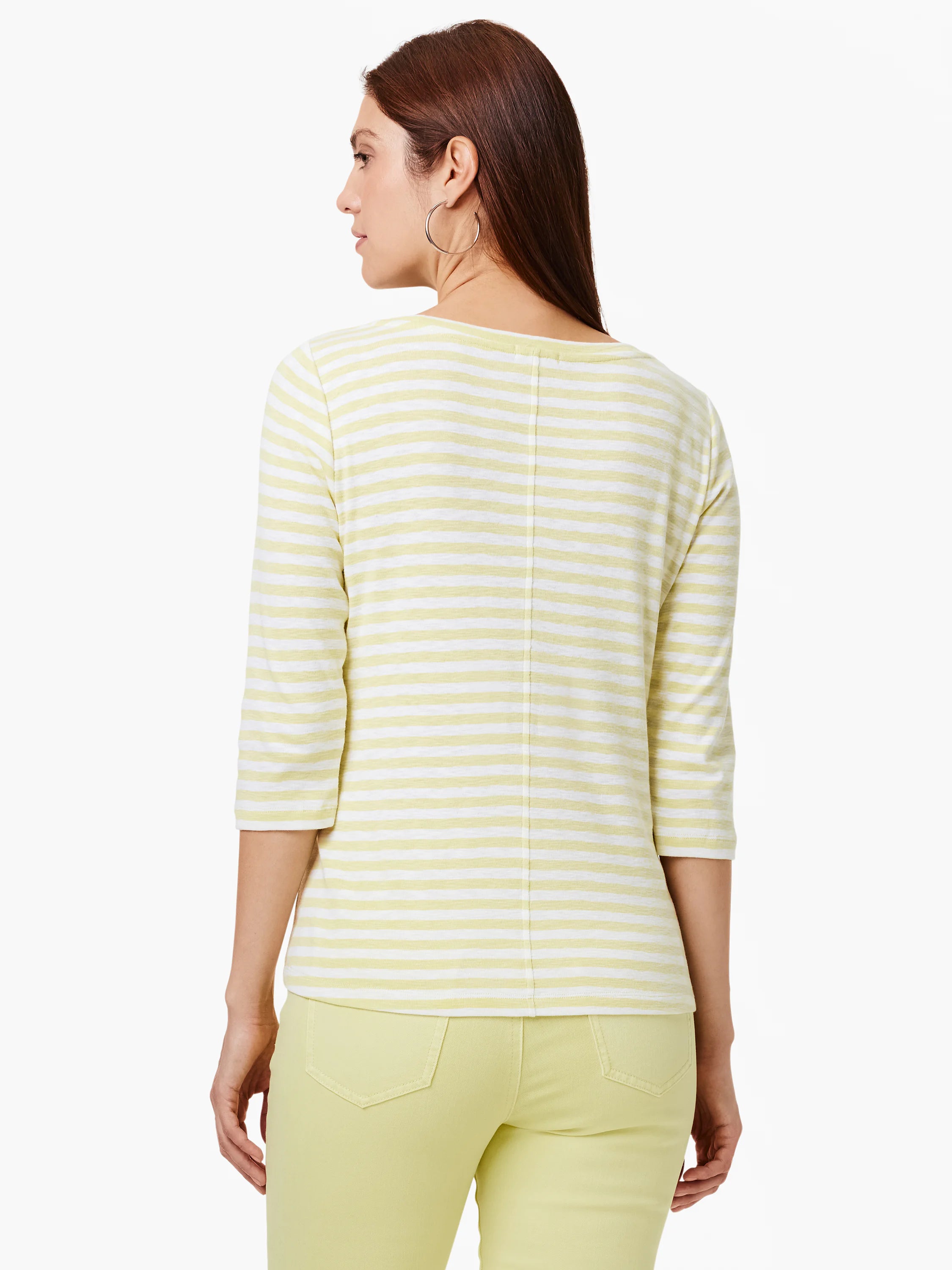 3/4 sleeve boat neck tee with horizontal white and light yellow stripes, featuring a vertical seam on the back.