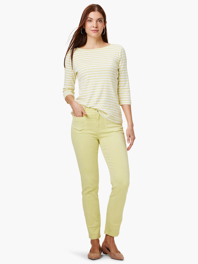 Light yellow and white horizontal striped 3/4 sleeve boat neck tee.