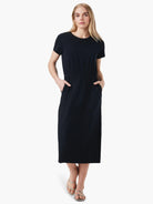 Black midi dress, short sleeves, round neck, side slits, and pockets.