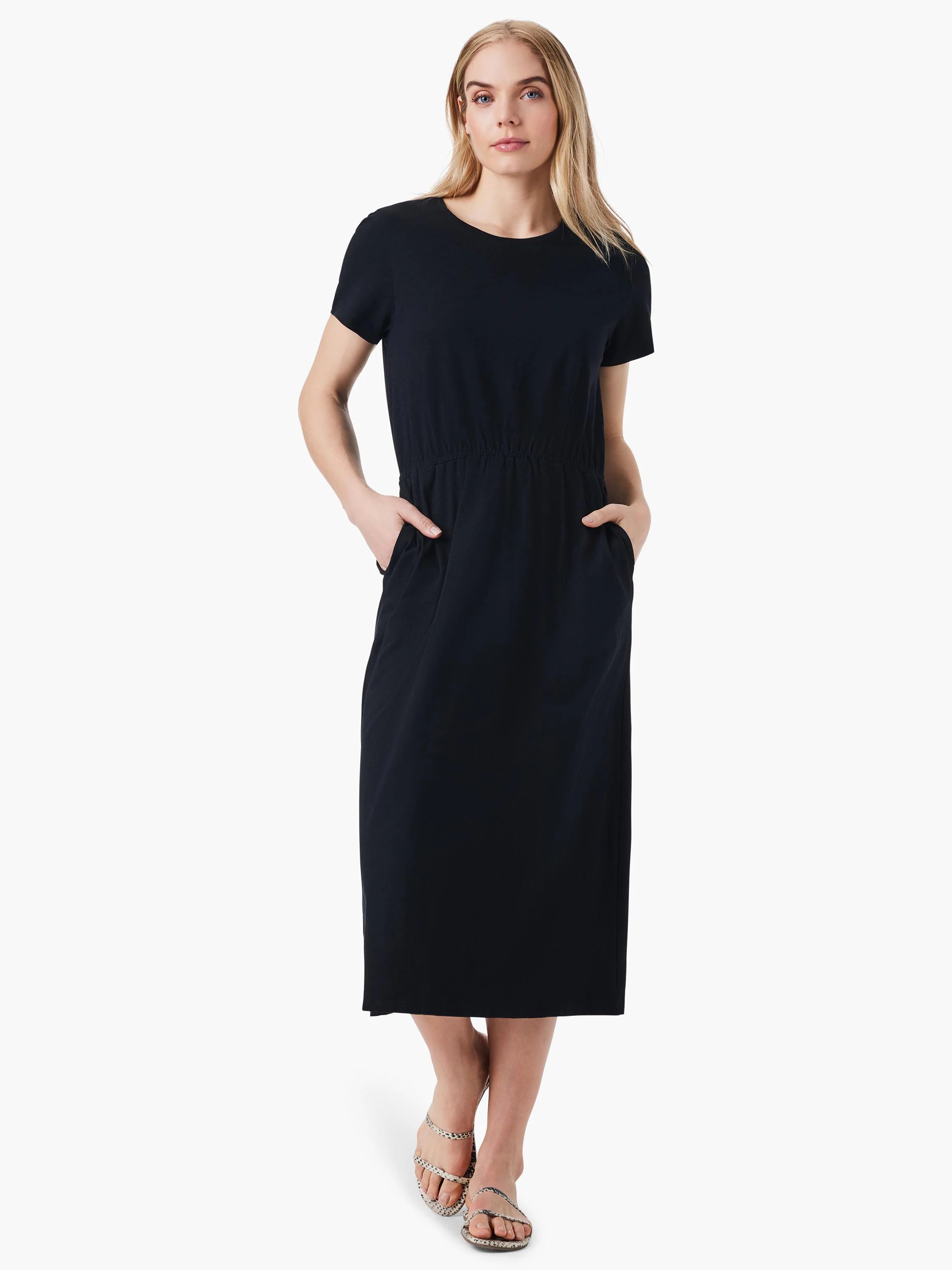 Black midi dress, short sleeves, round neck, side slits, and pockets.