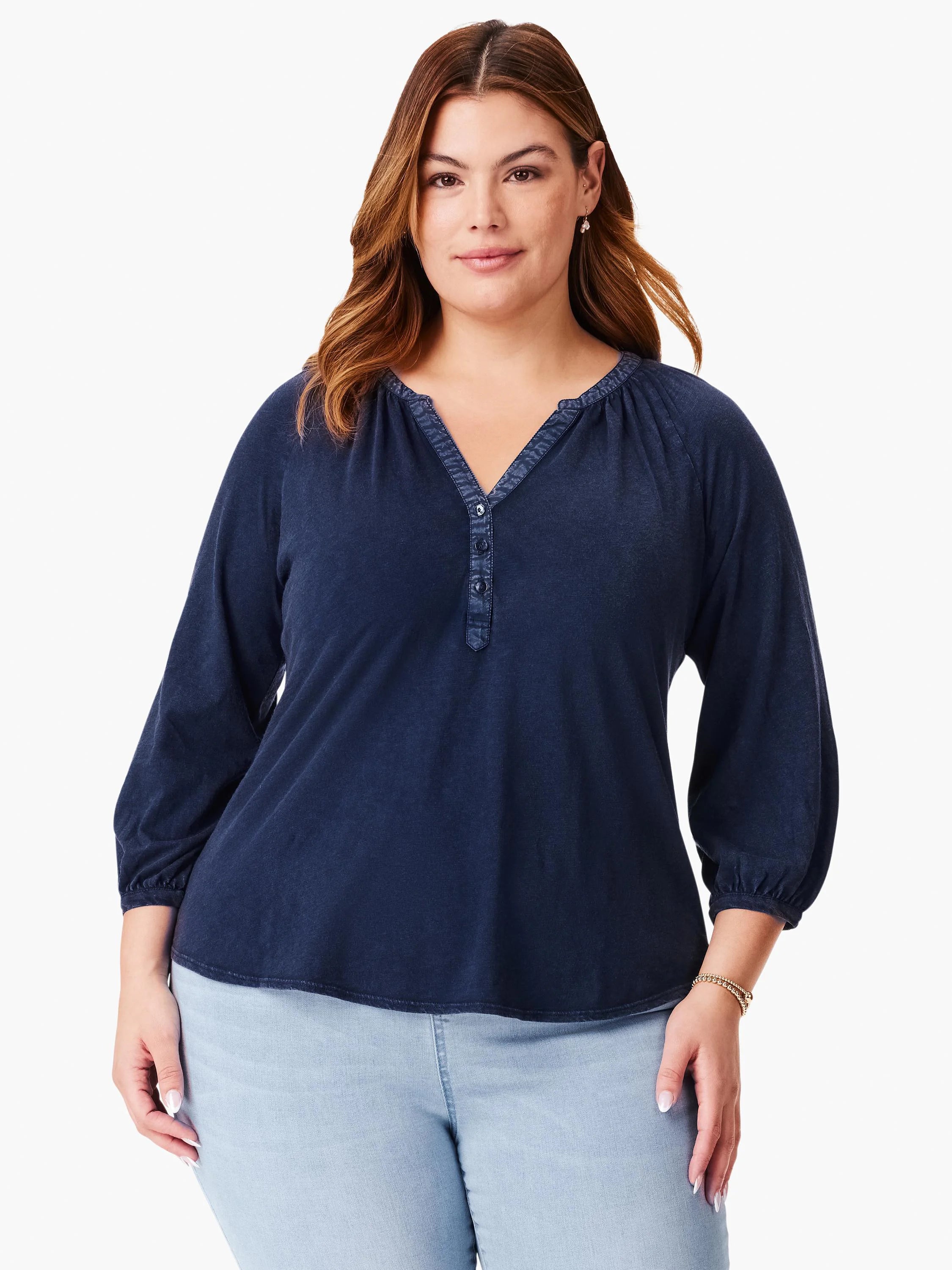 Navy blue 3/4 sleeve top with split neckline and three small buttons.  Slightly puffed sleeves.