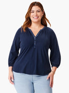 Dark navy blue, 3/4 sleeve top with split neck and button placket.
