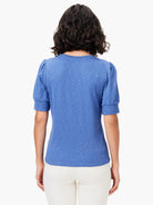 Here's alt text for the image, aiming for under 125 characters:

"Blue scoop-neck tee with elbow-length sleeves.  The...