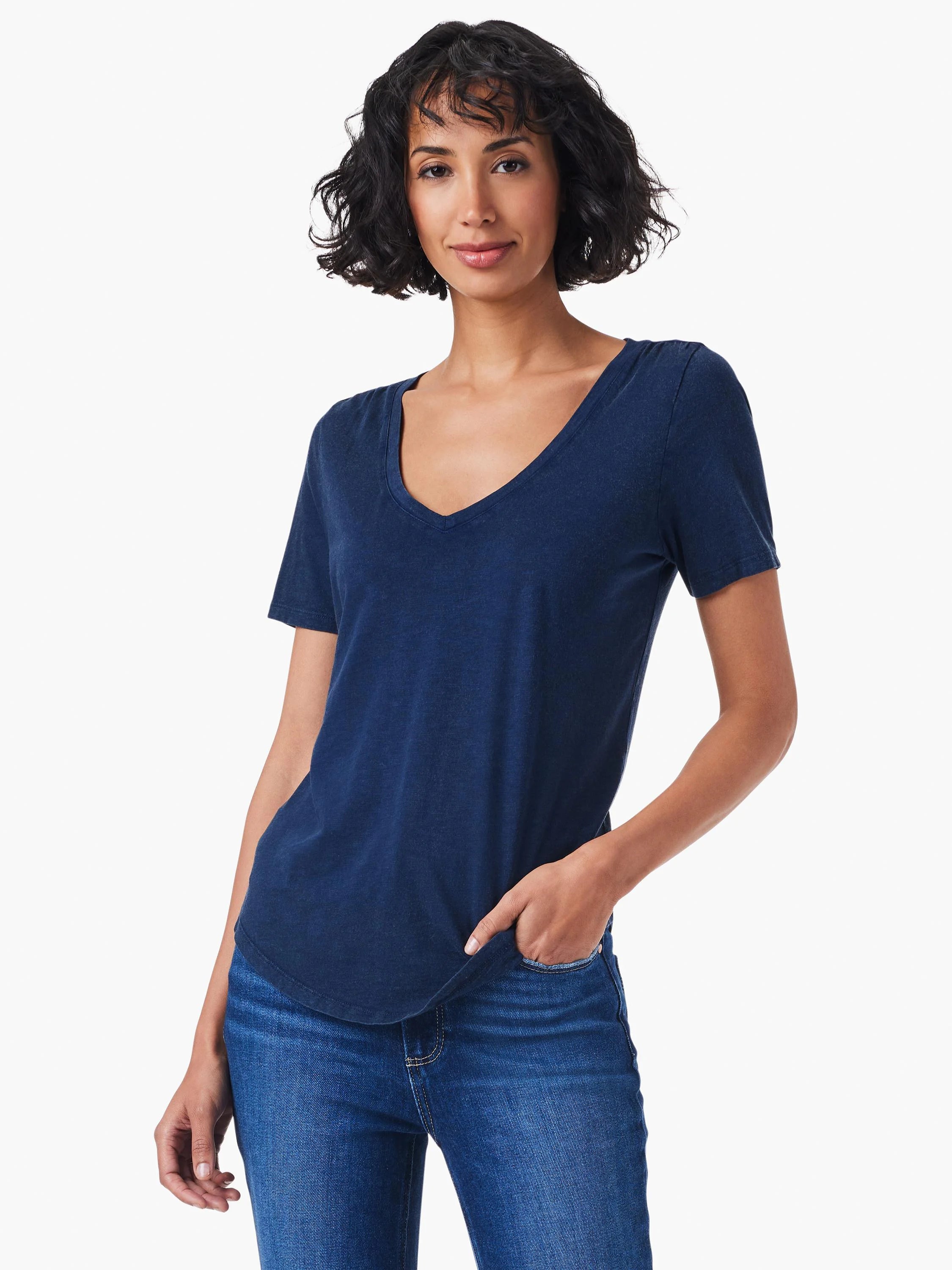 Dark blue short sleeve V-neck tee with a faded appearance and soft texture.