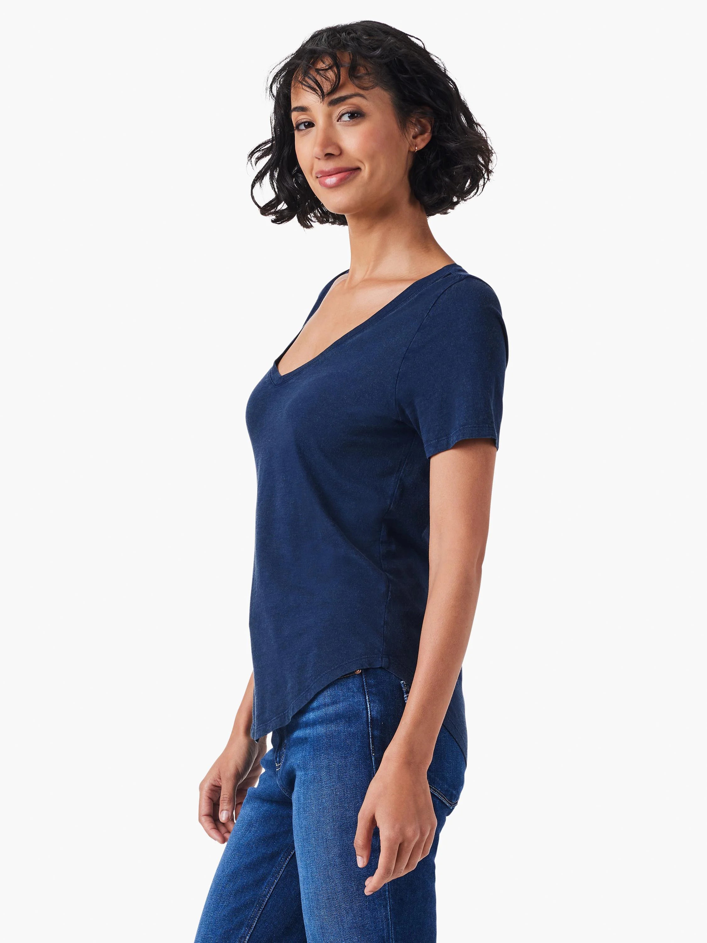 Deep navy, relaxed fit tee with short sleeves, a pronounced V-neck, subtle washed texture, and curved hem.