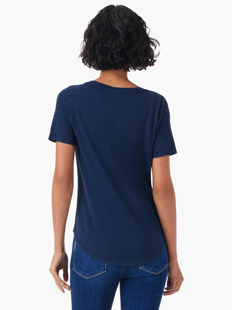 Dark blue short-sleeve tee, back view, with a slightly faded appearance and curved hem.