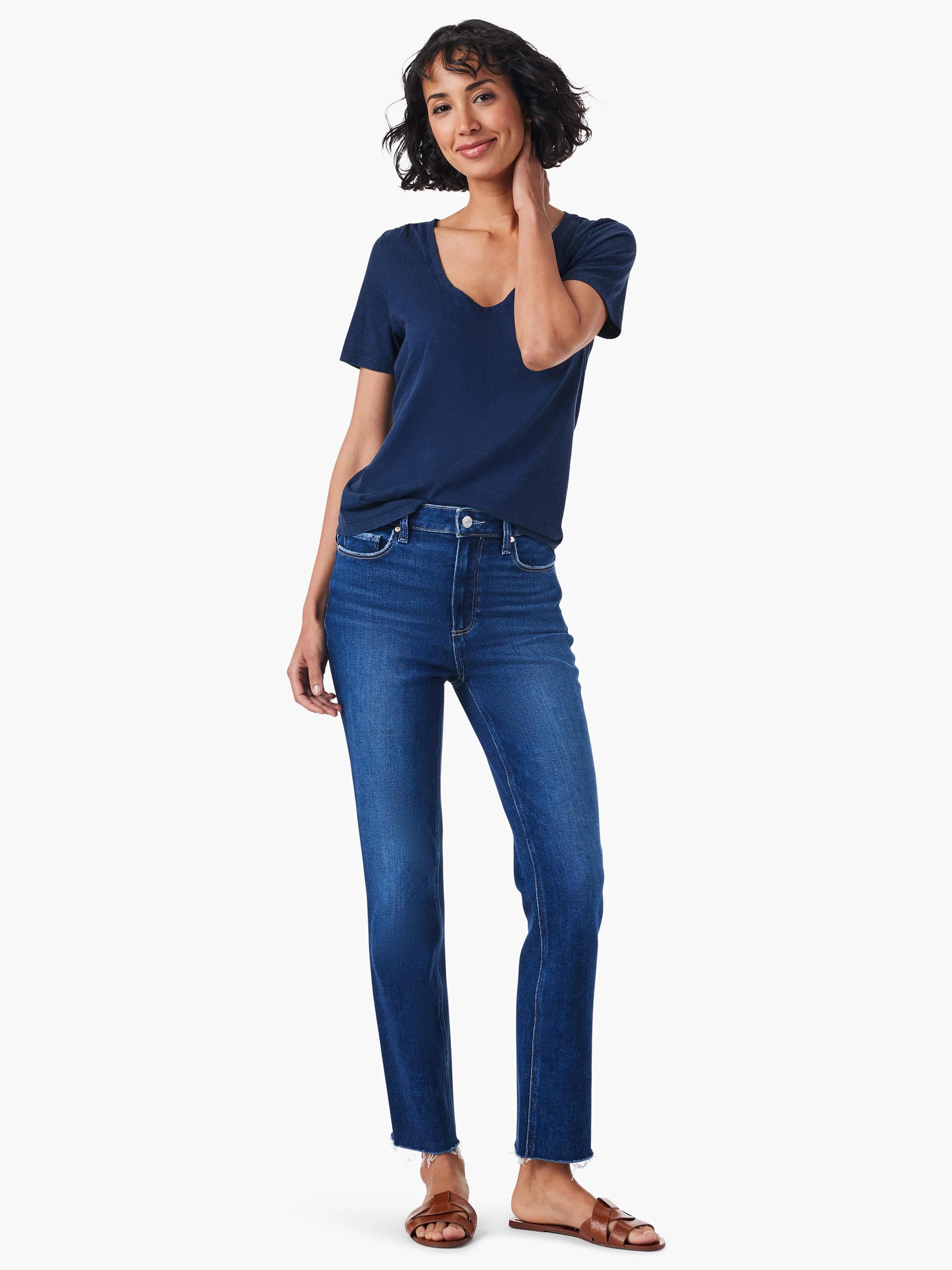 Navy short sleeve V-neck tee with relaxed fit, worn by a woman.