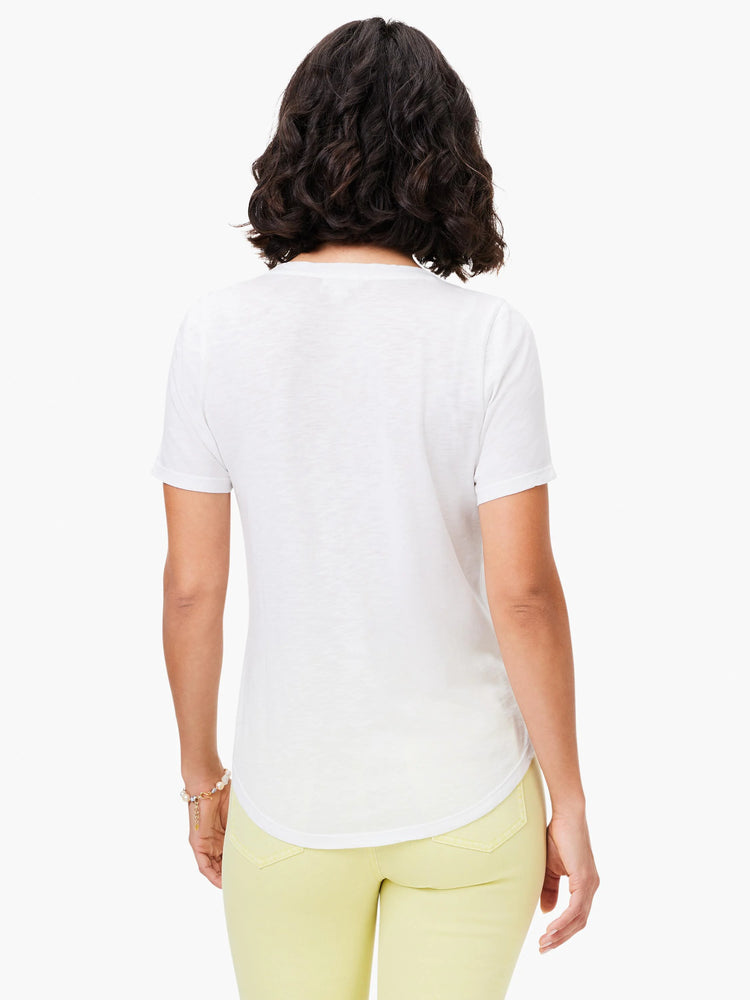 White short sleeve tee, back view, with a rounded hem and subtle slub texture.