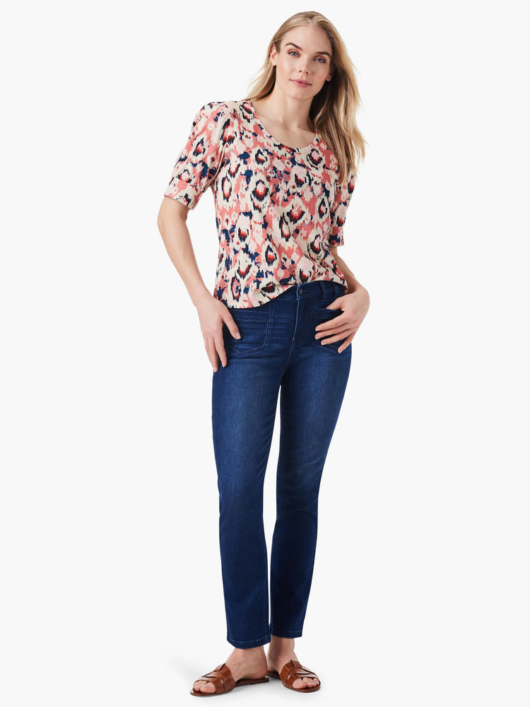 Scoop-neck, elbow-sleeve shirt; blush, navy, cream ikat pattern.