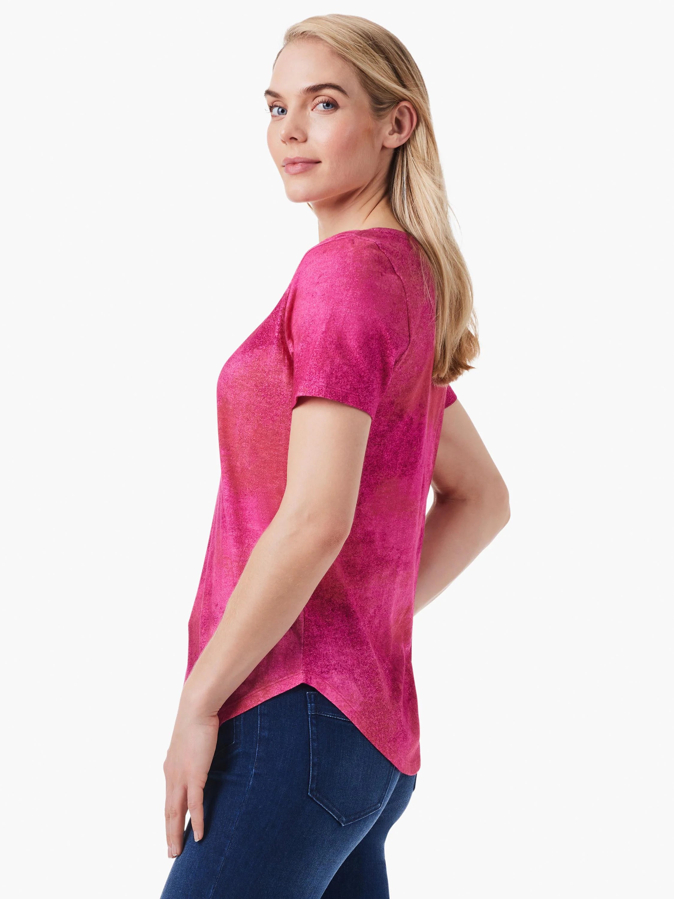 Pink short-sleeve V-neck tee, mottled texture.  Darker pink and red tones throughout.