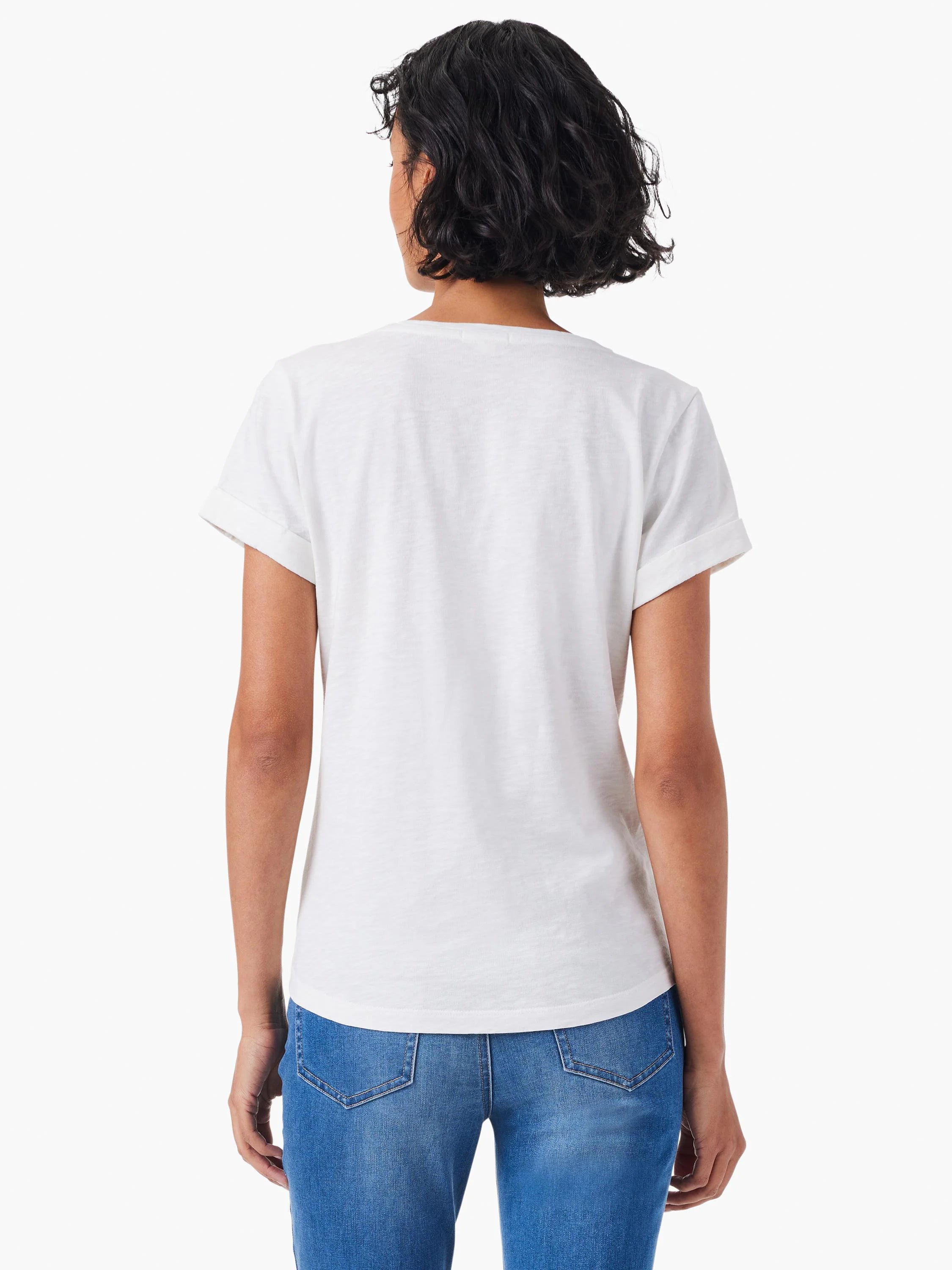 White off-white split neck tee, short sleeves with rolled cuffs.  Rear view.
