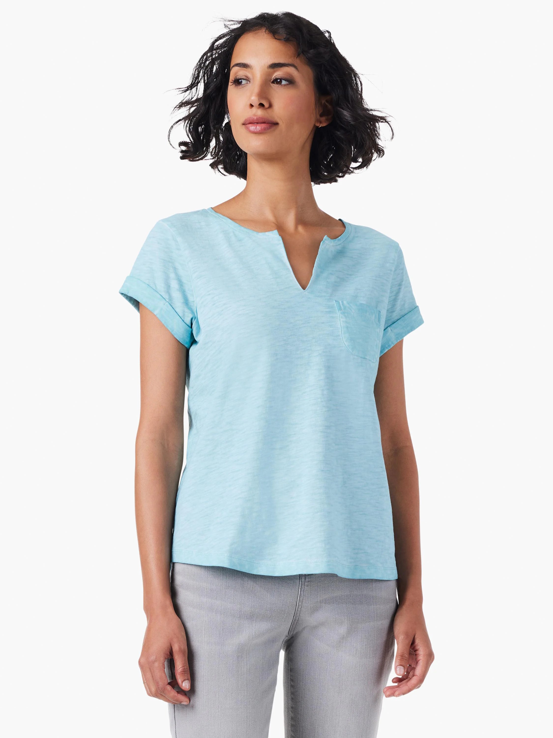 Light blue short-sleeved tee with split neckline and small chest pocket.