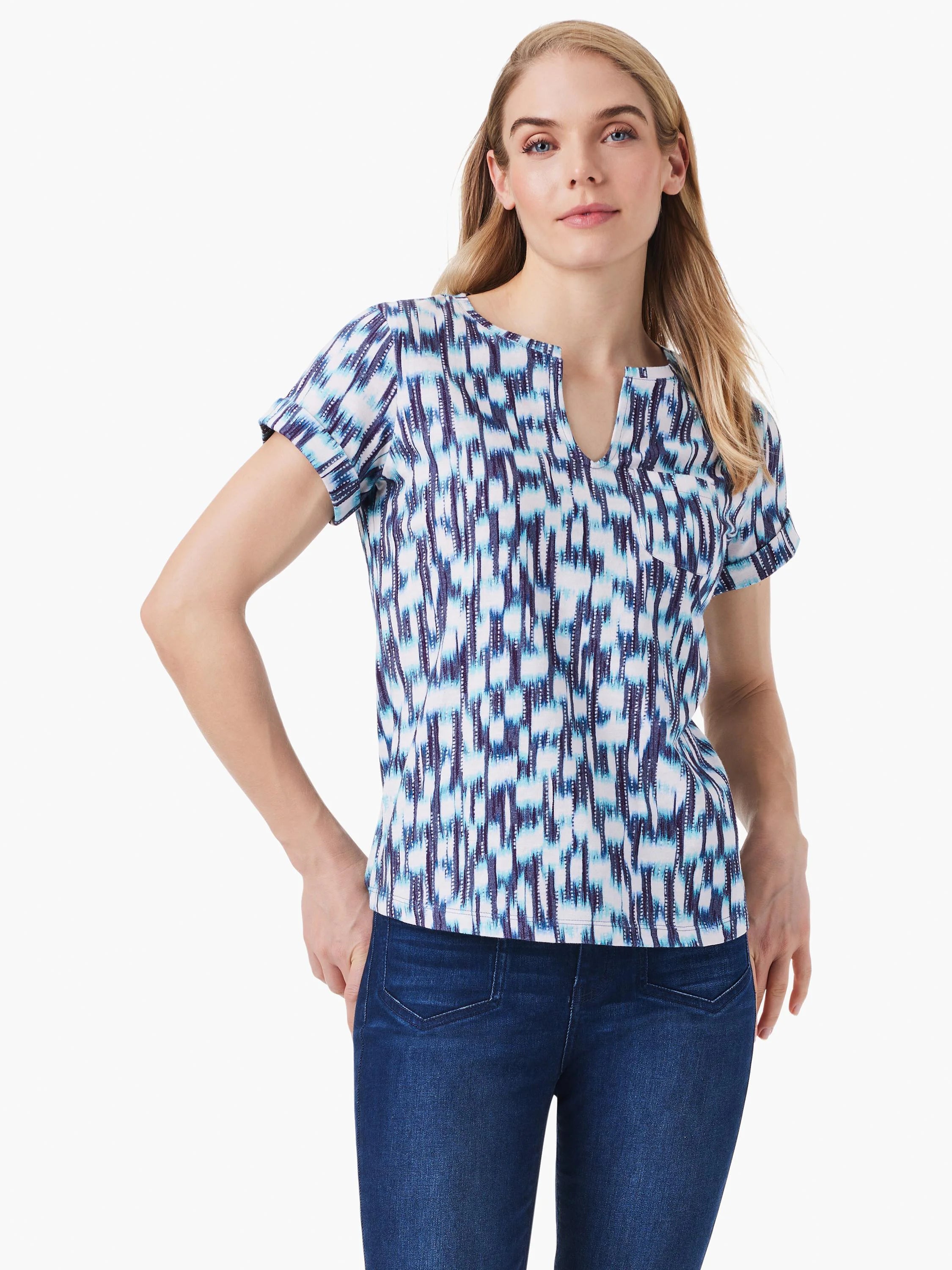 Short-sleeved split-neck tee with an abstract blue, teal, and white pattern on a white background.
