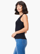 Black V-neck sleeveless shirt;  side profile shows relaxed fit.