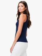 Here's alt text for the image, under 125 characters:

Navy blue V-neck tank top, fitted silhouette.  Shown on model.
