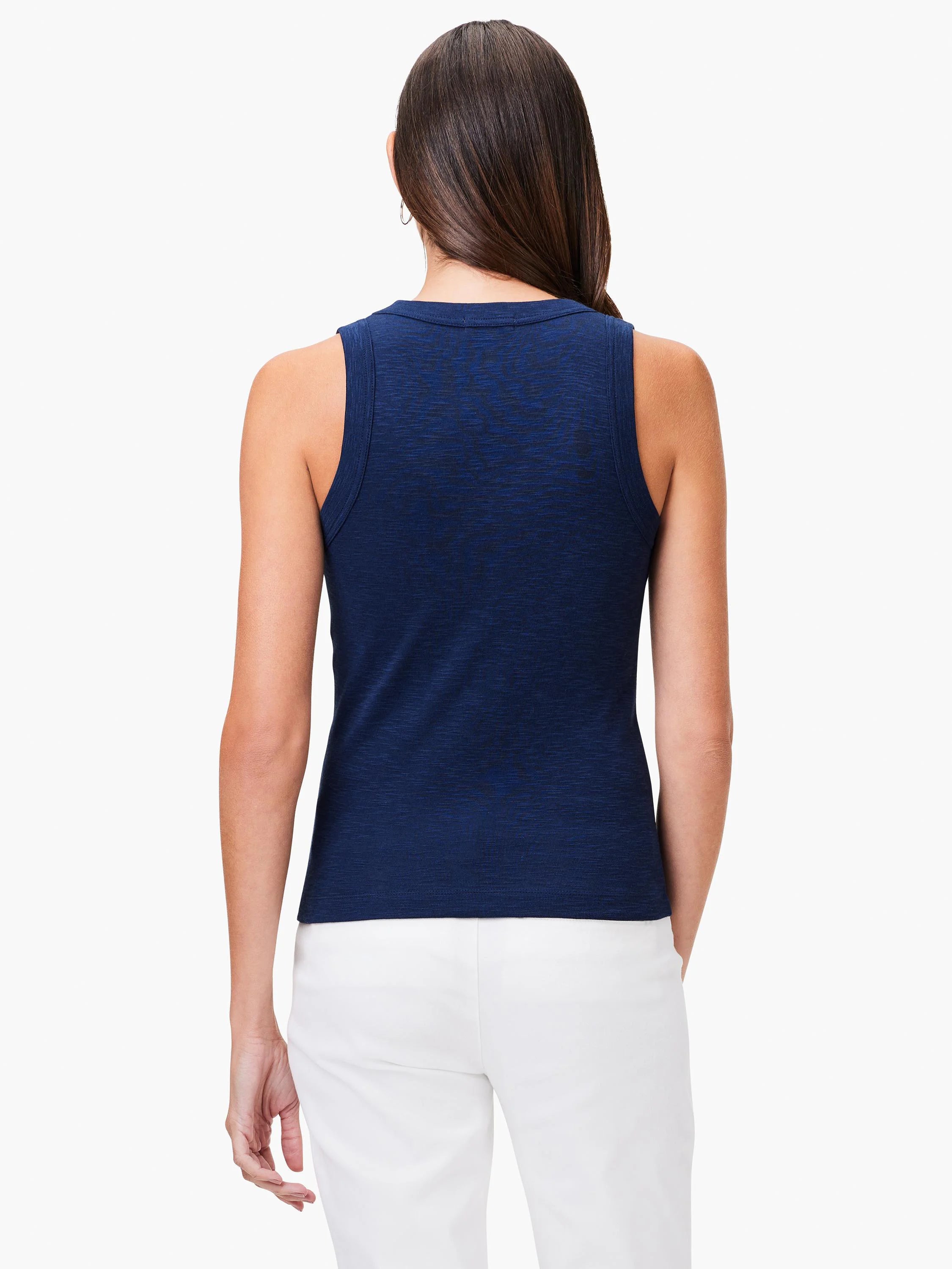 Here's alt text for the image, under 125 characters:

"Navy blue V-neck sleeveless shirt, ribbed texture.  Back view.